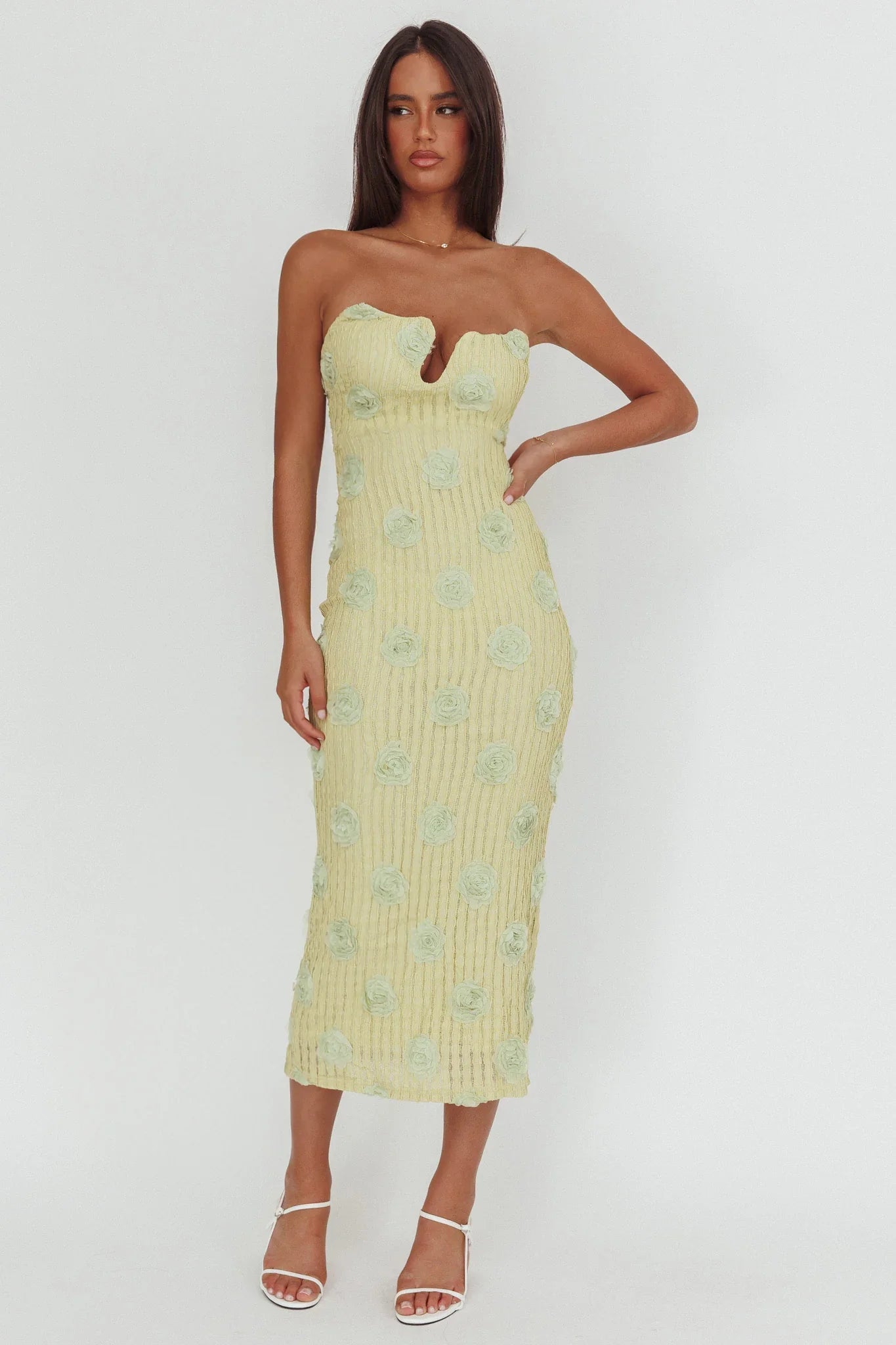 Horizon Strapless Textured Floral Midi Dress Green