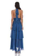 Dotted Smocked Halter Maxi Dress in Blue