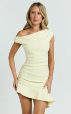 Goldie Mini Dress - Tipped Off Shoulder Cap Sleeve Ruched Fitted Ruffle Hem Skirt Dress in Lemon