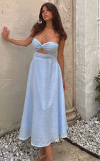 Avie Midi Dress - Twist Strapless Cocktail Dress in Ice Blue