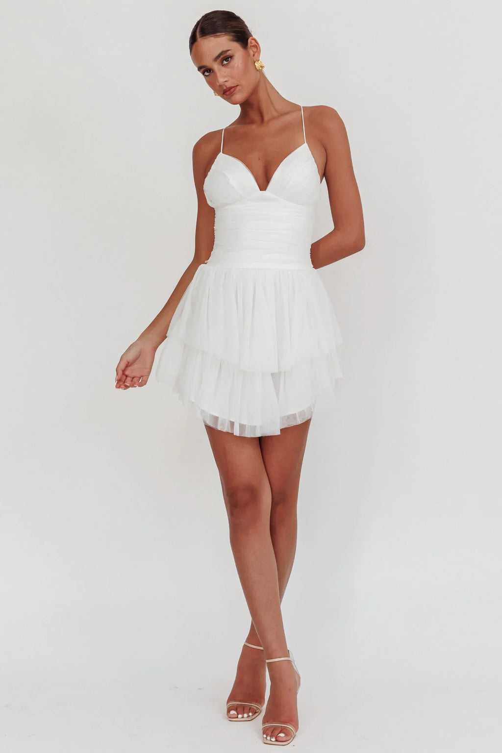 Nightingale Ruched Mesh Mini Dress White