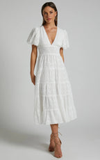 Divora Midi Dress - Plunge Balloon Sleeve Tiered Dress in Ivory