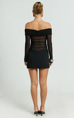 Jade Mini Dress - Long Sleeve Off Shoulder Draped Bias Cut Dress in Black