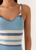Lobo Twist Strap Knit Mini Dress - Blue Stripe