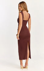 Kenna Maxi Dress - Gathered Bust Tucked Waist Dress in Chocolate