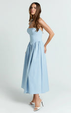 Helda Midi Dress - Halter Tie Neck Corset Panel Dress in Soft Blue