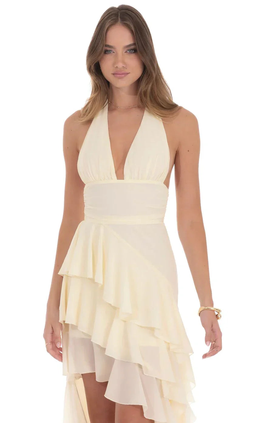 Asymmetrical Ruffle Maxi Dress in Ivory