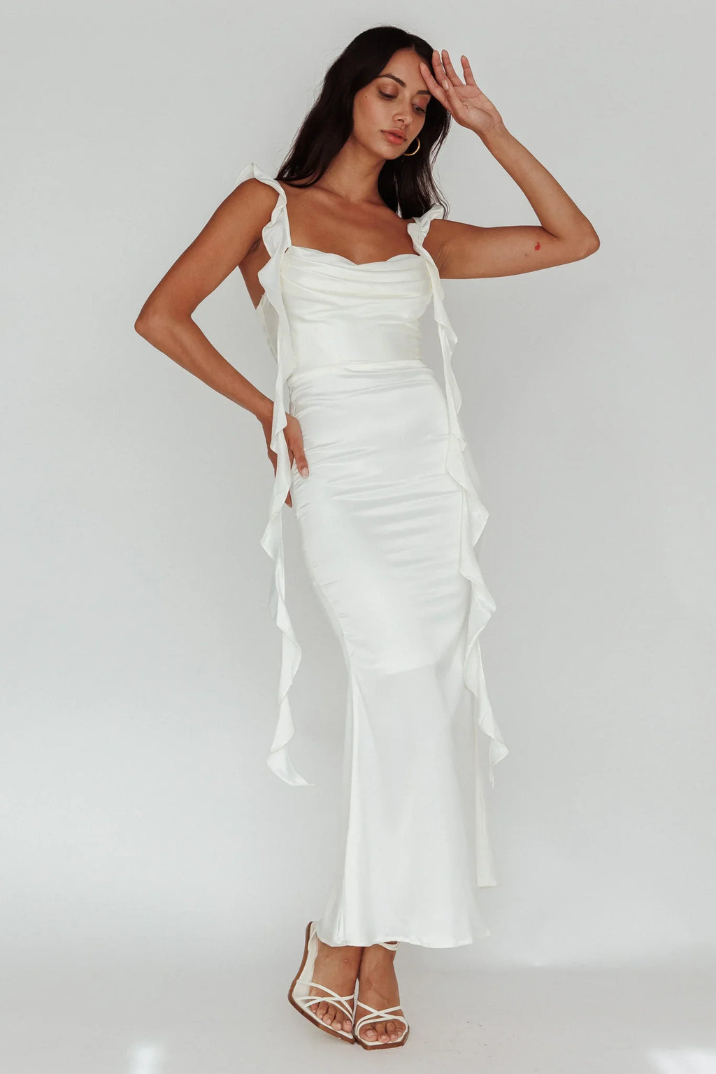 Blushing Ruffle Trim Midi Dress Oyster