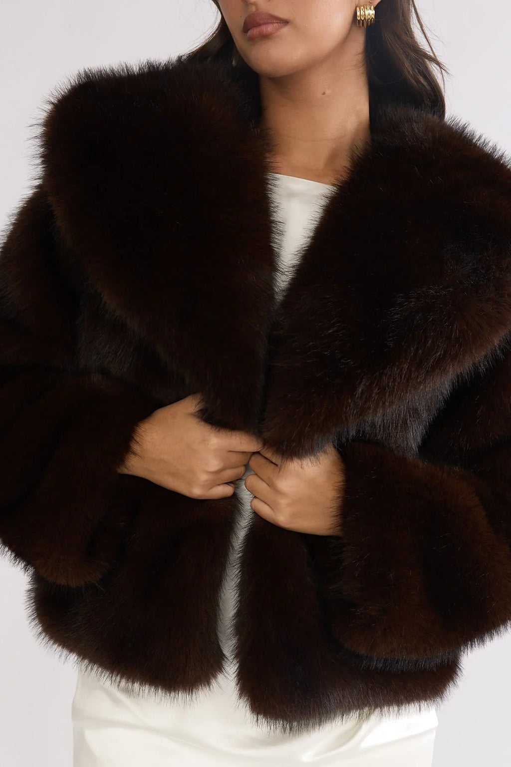 Marella Oversized Lapel Faux Fur Jacket Coffee