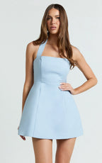 Dante Mini Dress - Halter Neck Tie Tulip Skirt Dress in Soft Blue