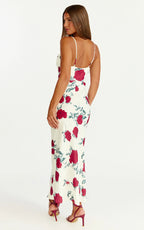 Dahlia Midi Dress - Cowl Neck A Line Dress in Scarlet Rose Print