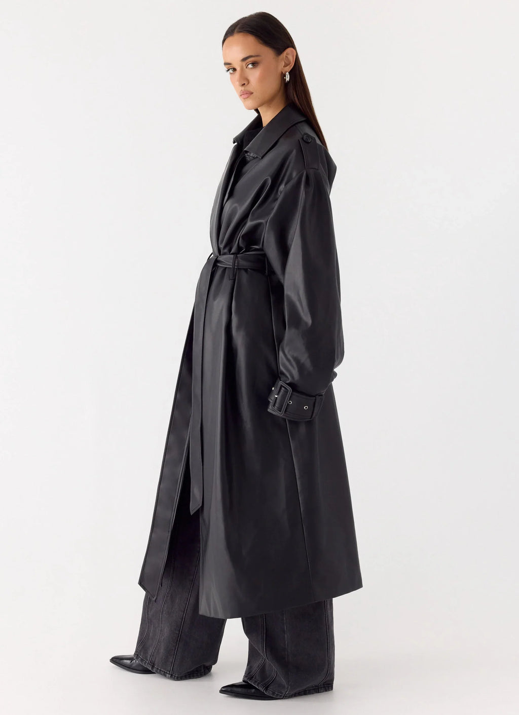 Out On The Town Faux Leather Midi Trench - Black