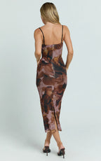 Rosalez Midi Dress - Strappy Ruched Bodycon Dress in Ember Floral