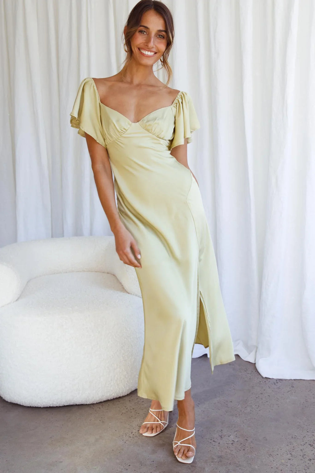 Park Avenue Flutter Sleeve Side Split Midi Dress Matcha