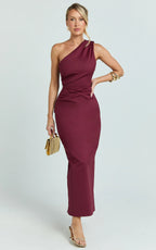 Karlie Midi Dress - One Shoulder Fitted Dress in Wine