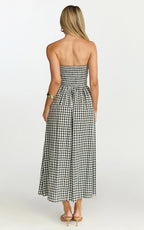 Polly Midi Dress - Strapless Ruched Dress in Black Check