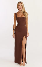 Donna Maxi Dress - Cowl Neck Column High Split Dress in Chocolate