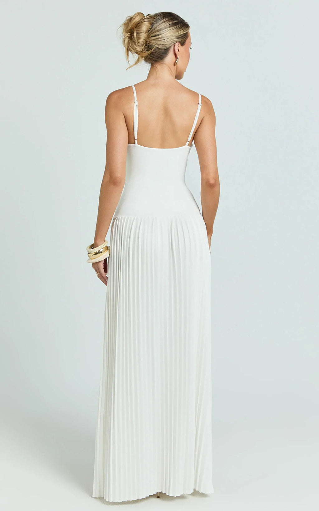 Hathaway Maxi Dress - U Shaped Neck Pleated Dress in Ivory