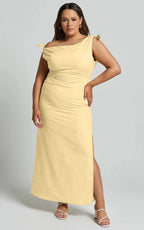 Cincinnati Midi Dress - Off The Shoulder Side Split Column Linen Dress in Lemon