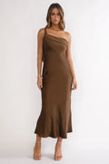 Carmel One-Shoulder Sash Maxi Dress Chocolate