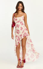 Lila Maxi Dress - Cowl Neck Asymmetric Frill Skirt Dress in Toile De Joie Print
