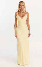 Kyra Maxi Dress - Lace Bust And Tie Back Satin Dress in Lemon