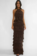 Kaelia Tiered Halter Maxi Dress Sparkle Brown