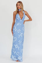 Cipriana Backless Halter Maxi Dress Embellished Blue