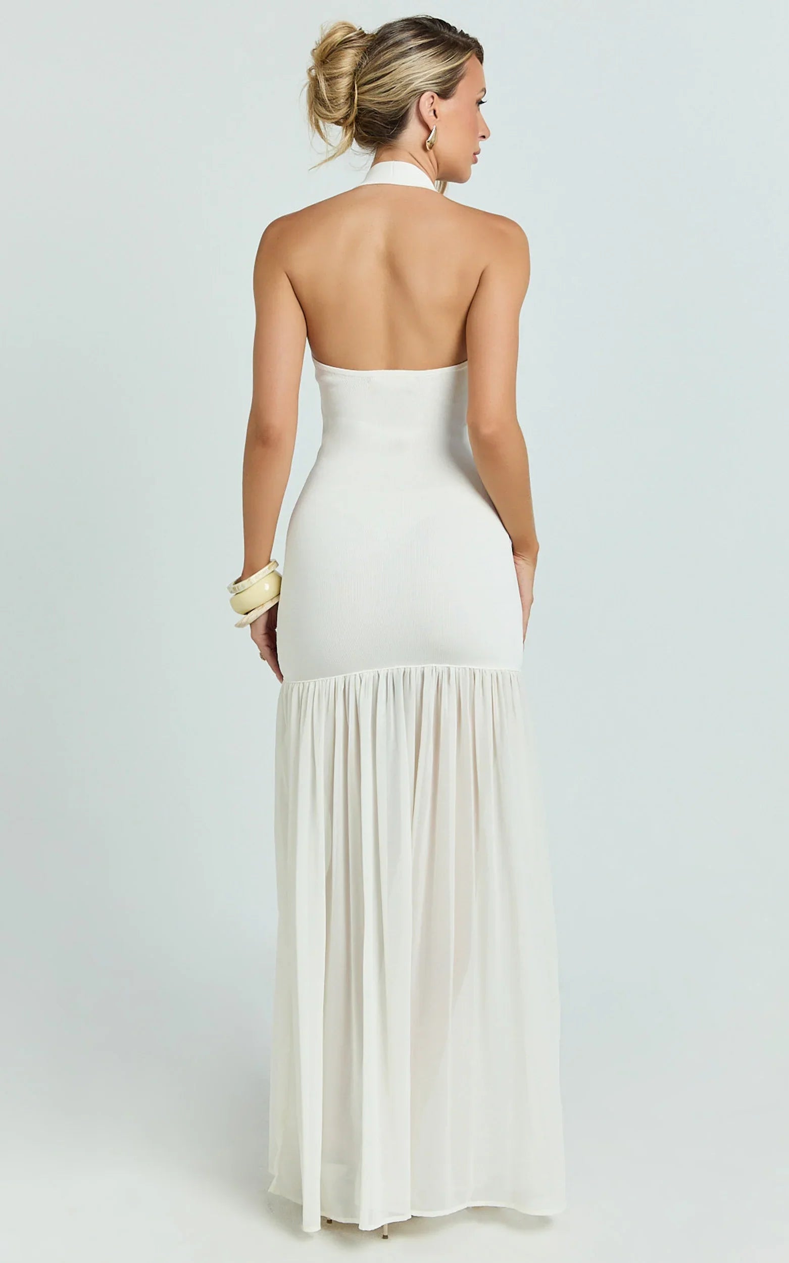 Barbara Maxi Dress - Halter Scoop Neck Contrast Georgette Dress in Ivory