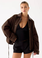 Myles Herringbone Bomber Jacket - Chocolate Herringbone