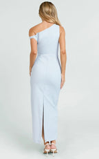 Alexandria Midi Dress - Tip Shoulder Draped Fitted Dress in Blue