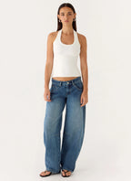Stevie Low Rise Barrel Leg Denim Jeans - Mid Wash Blue