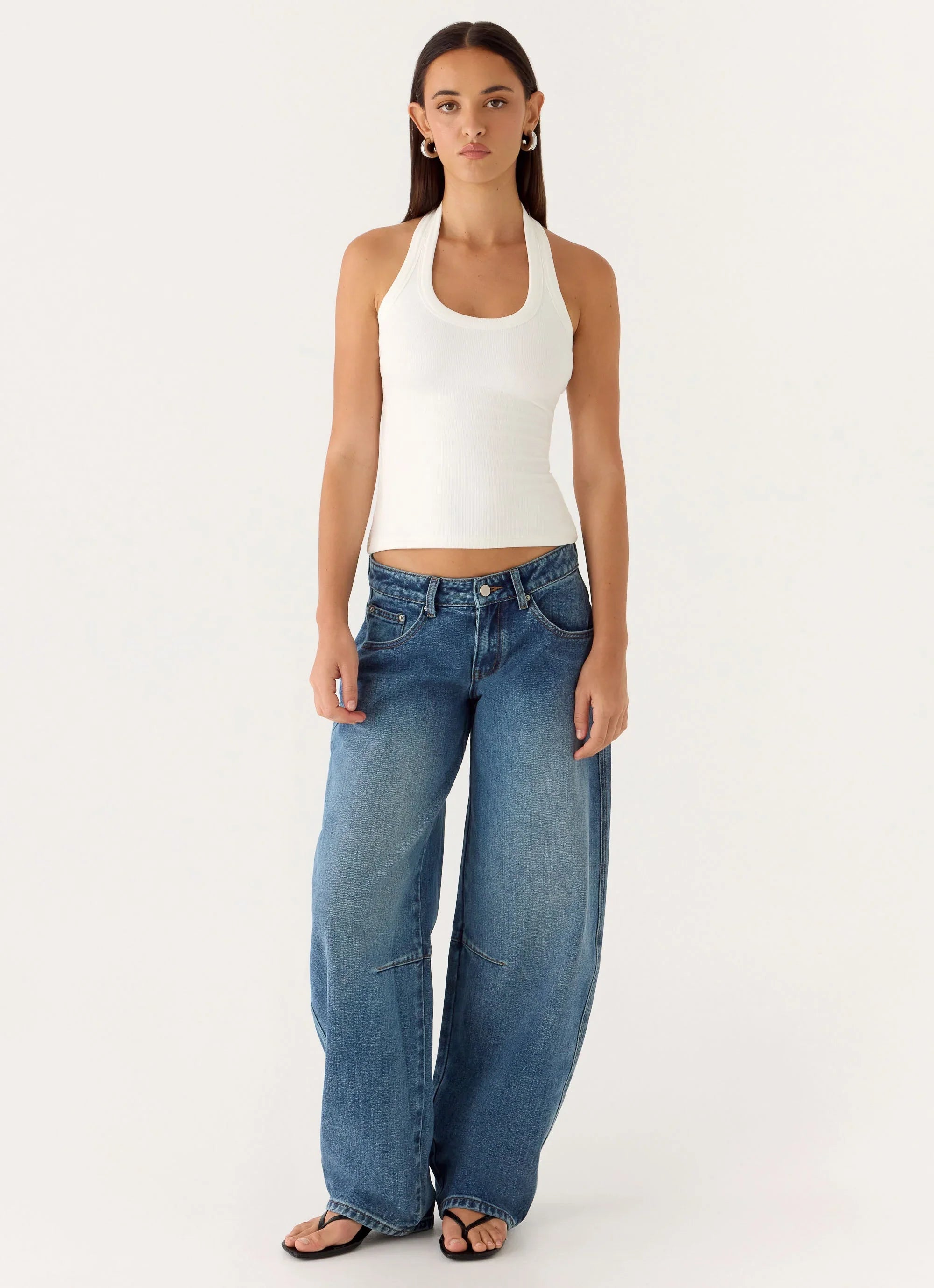Stevie Low Rise Barrel Leg Denim Jeans - Mid Wash Blue