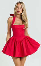 Helda Mini Dress - Halter Tie Neck Corset Panel Dress in Red