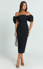 Lohan Midi Dress - Off Shoulder Puff Sleeve in Black