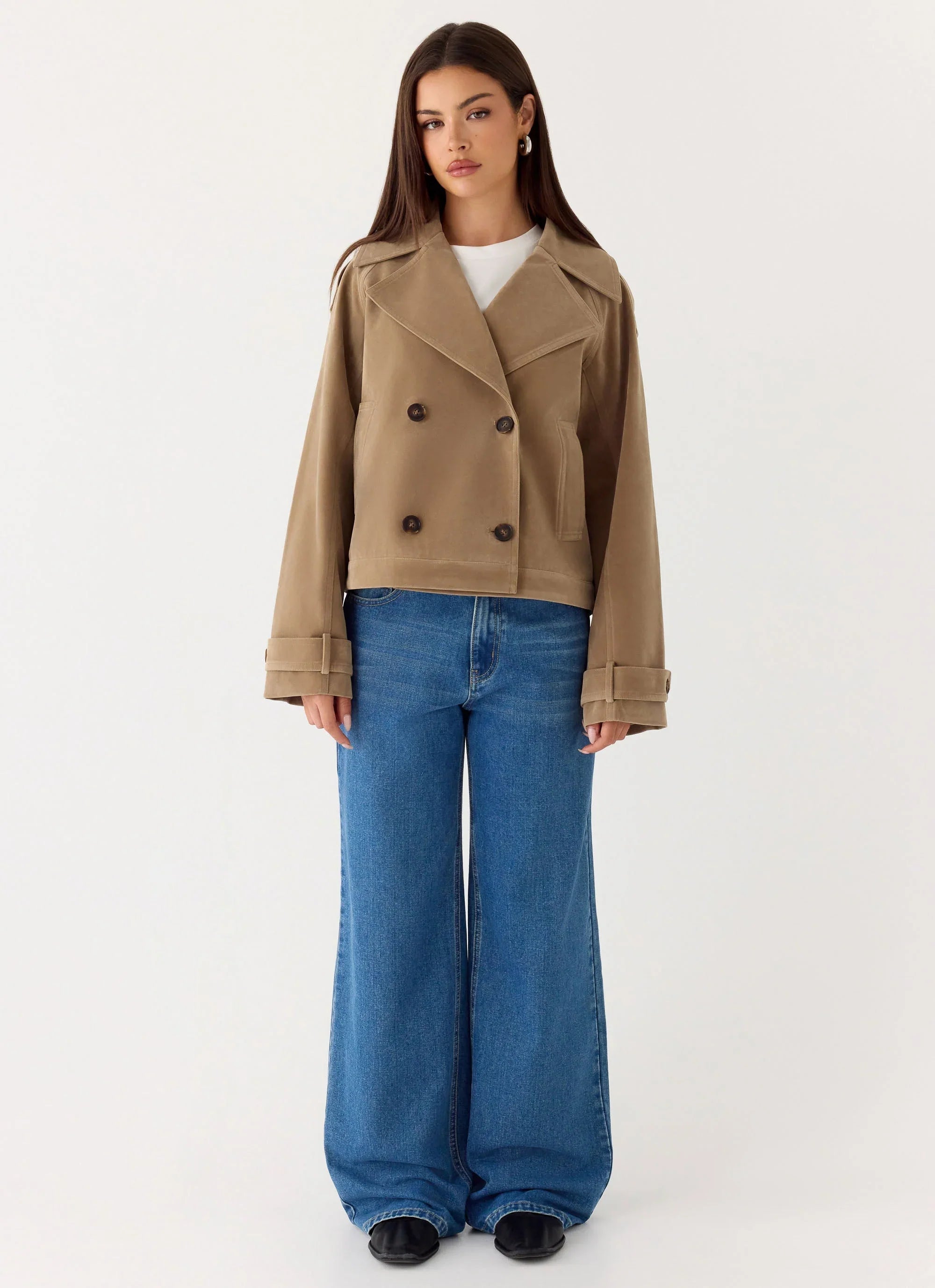 Evan Faux Suede Short Trench Jacket - Tan