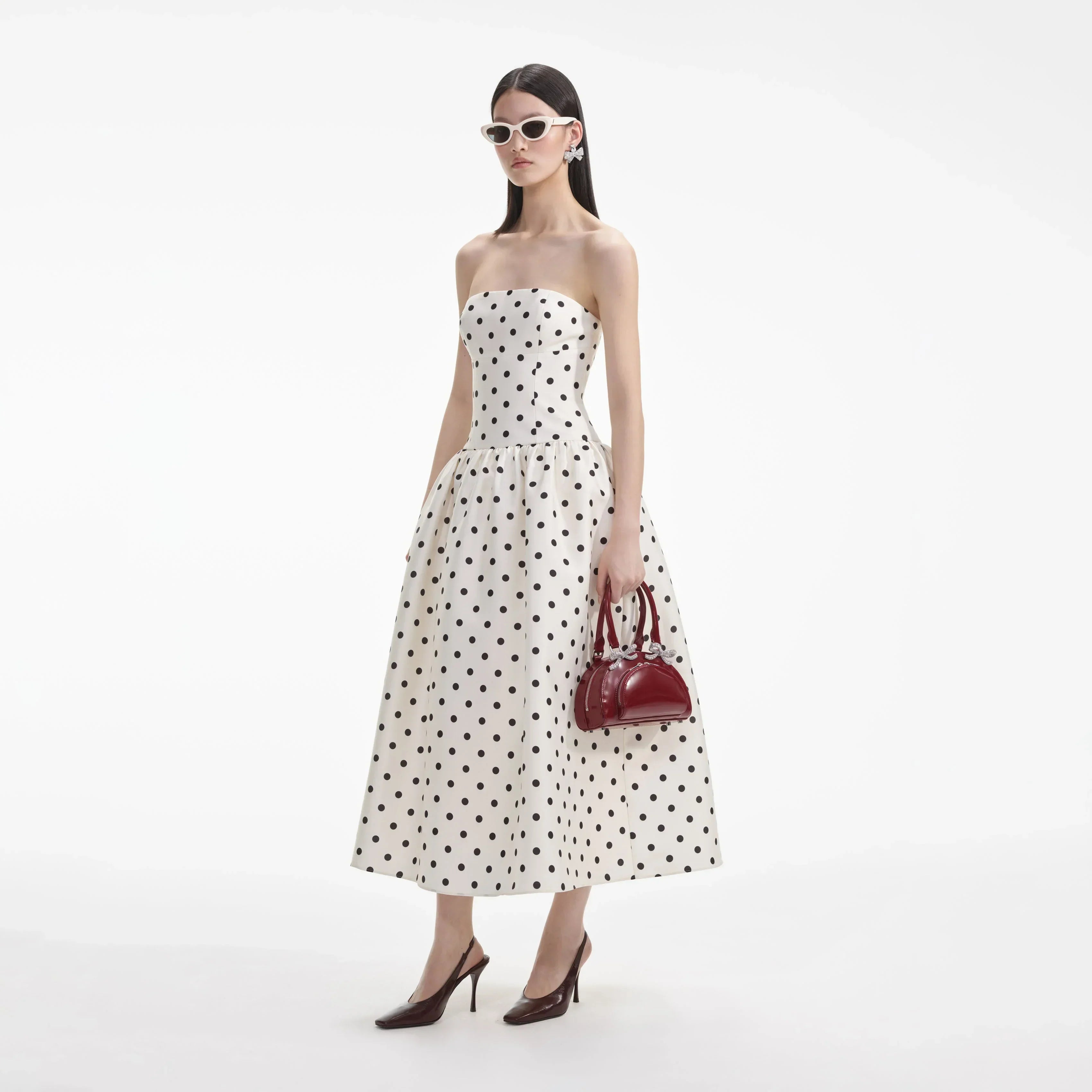 Cream Polka Dot Taffeta Midi Dress