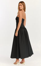 Louisa Maxi Dress - Strapless Side Ruched Dropped Waist Fit And Flare Dress in Black