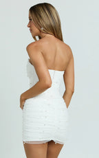 Kelsey Mini Dress - Beaded Strapless Corset Panel Dress with Detachable Tulle Skirt in White