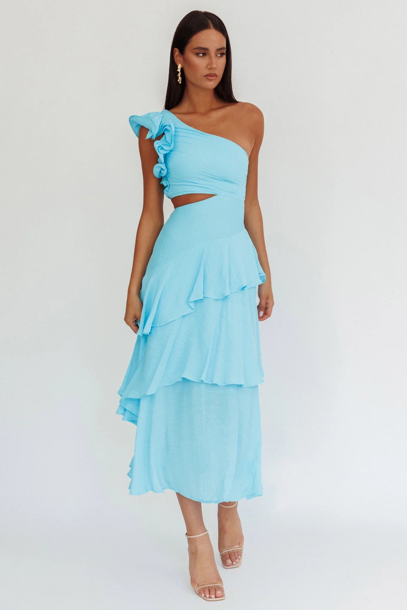 Deanna One-Shoulder Tiered Maxi Dress Blue