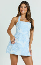 Gabbie Mini Dress - Jacquard Halter Fit And Flare Dress in Blue