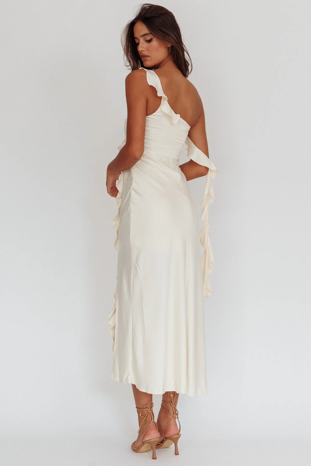 Like Yesterday Satin Ruffle Midi Dress Butter