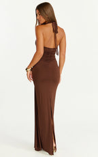 Dixie Maxi Dress - Plunge Halter Low Back Dress in Chocolate