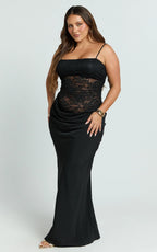 Rania Maxi Dress - Contrast Lace Bodice Bias Cowl Drop Waist Dress in Black