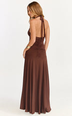 Celeste Maxi Dress - Gathered Bodice Dropped Waist Halter Dress in Chocolate