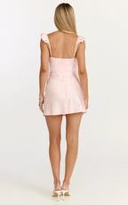 Belrose Mini Dress - Satin Square Neck Ruffle Front Bodycon Dress in Baby Pink