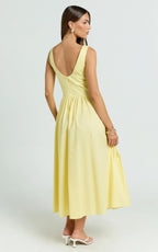 Beckett Midi Dress - Scoop Neck Drop V Waist Gathered Skirt Dress in Butter Yellow