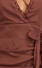 Eleonor Maxi Dress - Plunge Halter Tiered Ruffle Front Split Dress in Chocolate