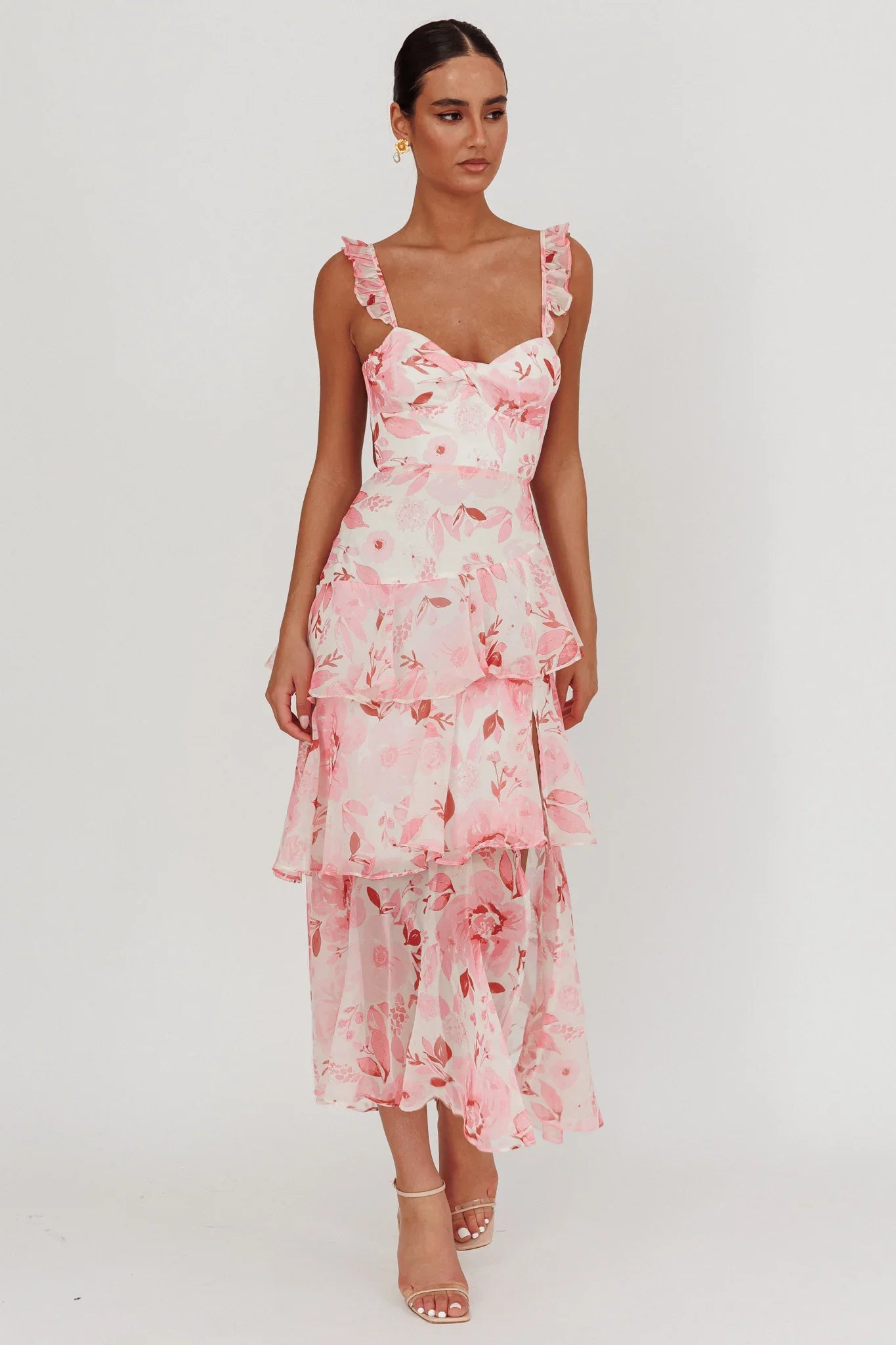 Veda Strappy Back Ruffle Maxi Dress Flowers Blush