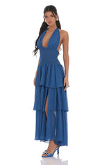 Dotted Smocked Halter Maxi Dress in Blue